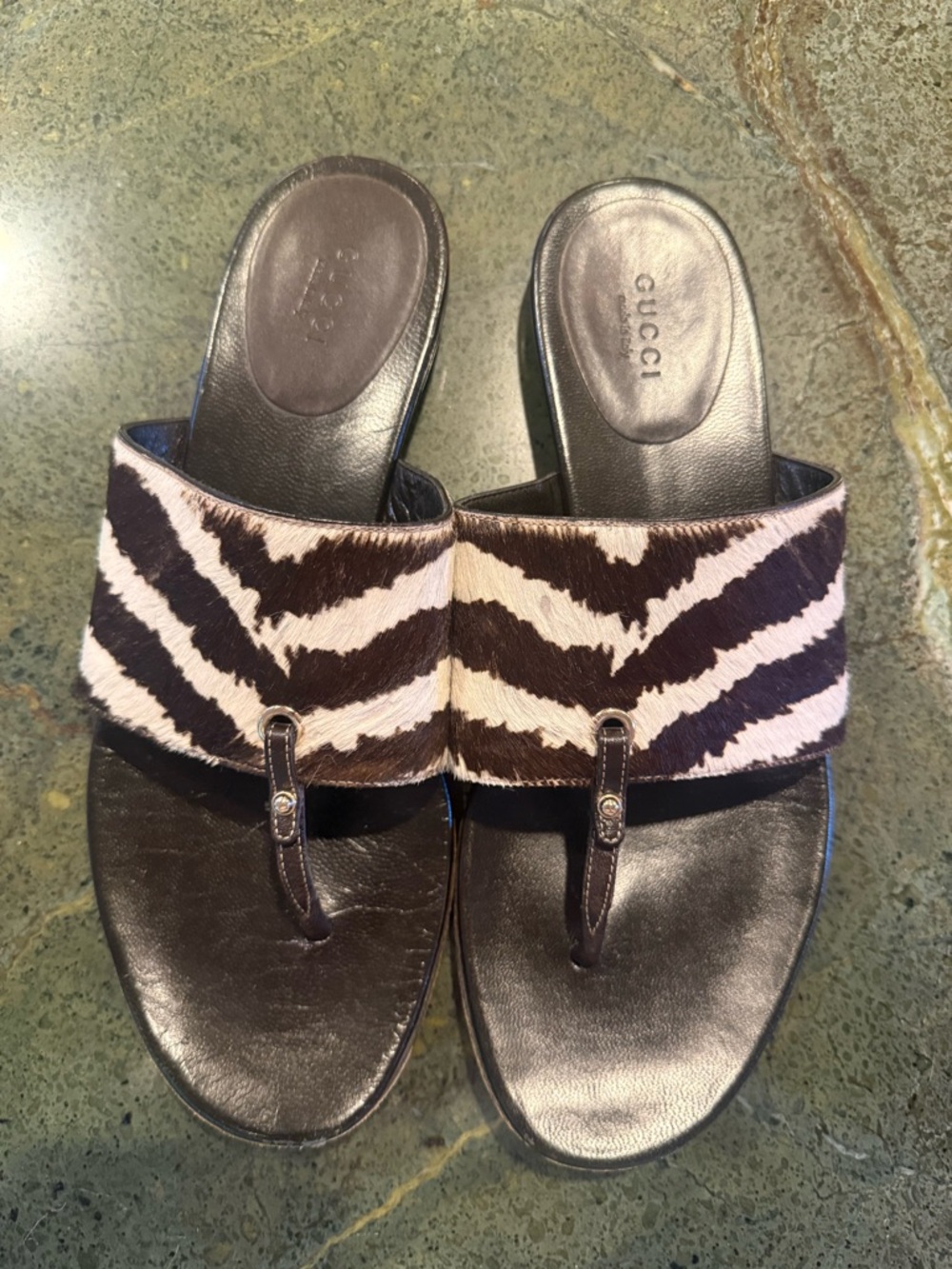 Gucci Brown and White Zebra-Print Slide Sandals
